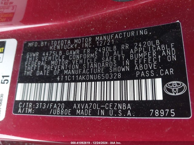 4T1C11AK0NU650328 Toyota CAMRY LE