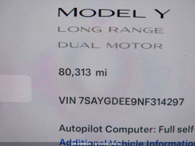 7SAYGDEE9NF314297 Tesla Model Y Long Range Dual Motor All-wheel Drive