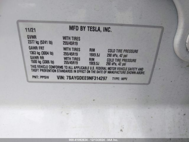7SAYGDEE9NF314297 Tesla Model Y Long Range Dual Motor All-wheel Drive