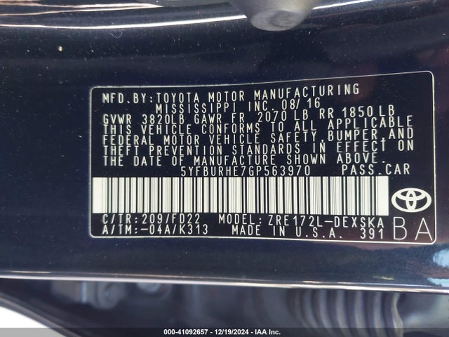 5YFBURHE7GP563970 Toyota Corolla S Plus