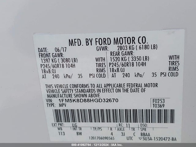 Ford EXPLORER XLT 2017 1FM5K8D88HGD32670 Image 9