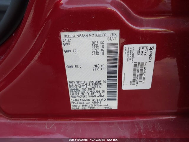 1N4BL4FW7MN383162 Nissan Altima Platinum Intelligent Awd
