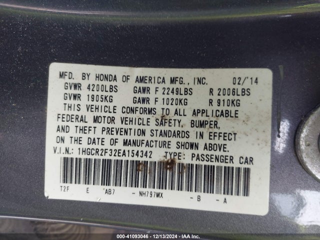 Honda ACCORD LX 2014 1HGCR2F32EA154342 Image 9
