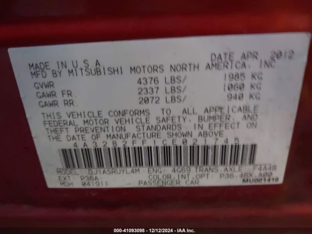 2012 MITSUBISHI GALANT 4A32B2FF1CE021745 Photo 8