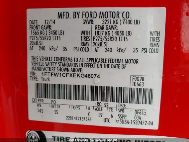 1FTFW1CFXEKG46074 Ford F-150 Stx