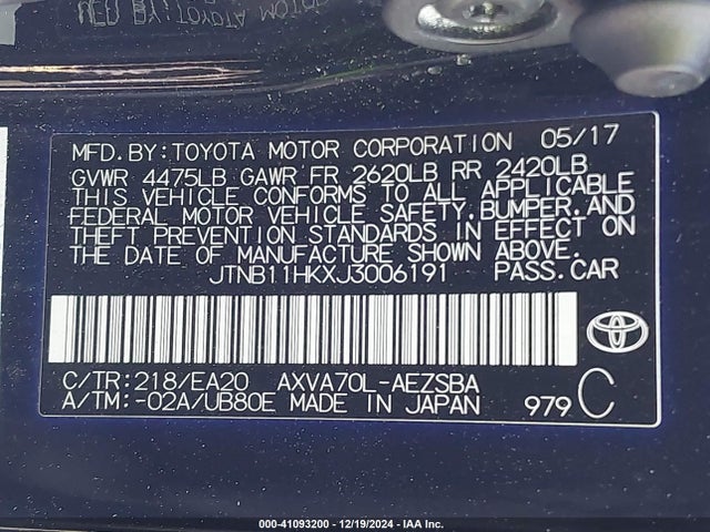 JTNB11HKXJ3006191 Toyota CAMRY SE