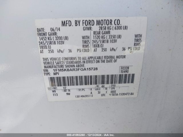 1FM5K8AR3FGA15728 Ford Police Interceptor