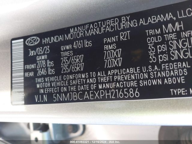 5NMJBCAEXPH216586 Hyundai TUCSON SEL