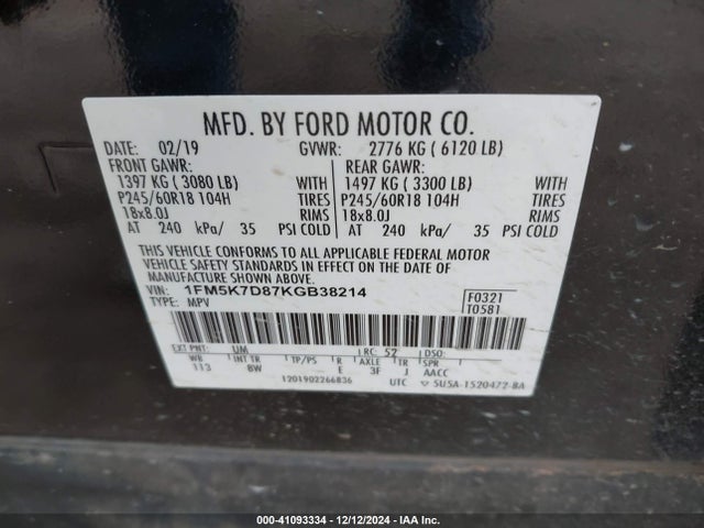 1FM5K7D87KGB38214 Ford EXPLORER XLT