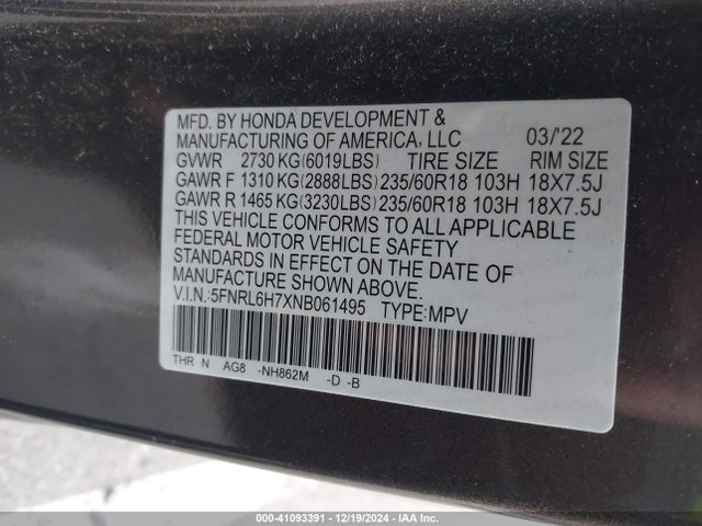 5FNRL6H7XNB061495 Honda Odyssey Ex-l