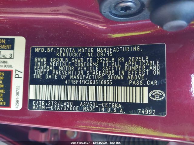 4T1BF1FK3GU516955 Toyota CAMRY XLE