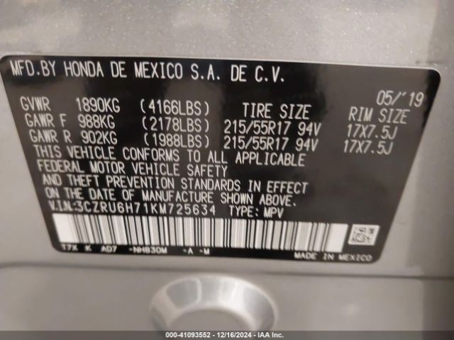 3CZRU6H71KM725634 Honda Hr-v Ex-l