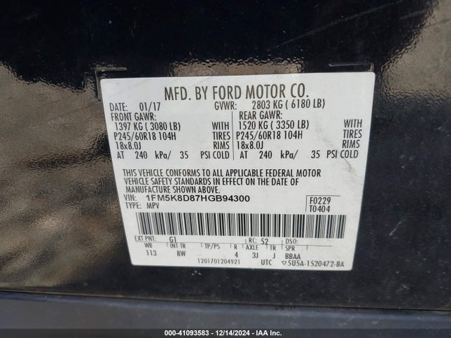 Ford EXPLORER XLT 2017 1FM5K8D87HGB94300 Image 9