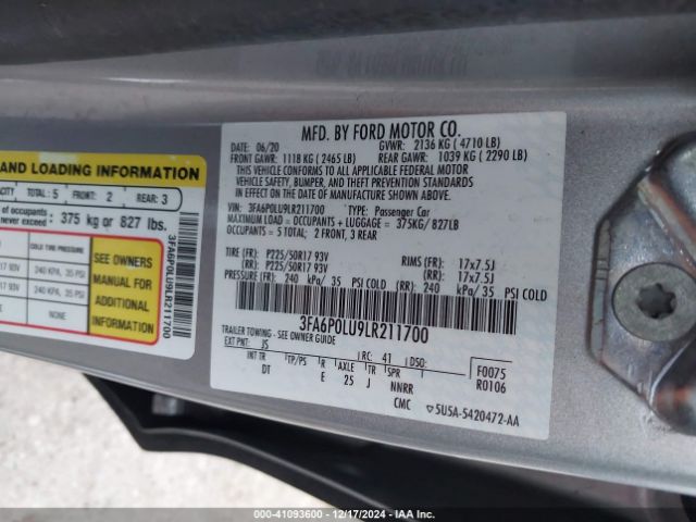 3FA6P0LU9LR211700 Ford Fusion Hybrid Se