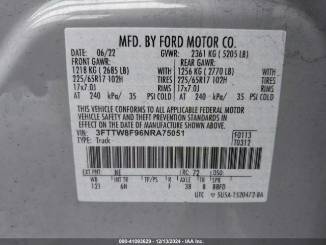 3FTTW8F96NRA75051 Ford Maverick Lariat