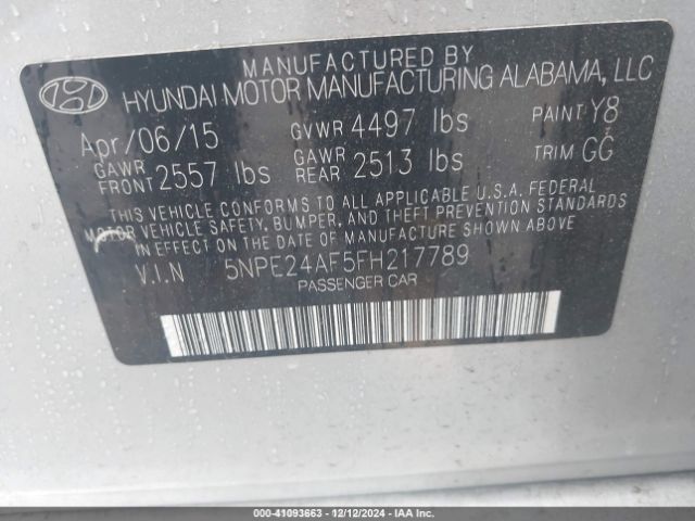 5NPE24AF5FH217789 Hyundai SONATA SE