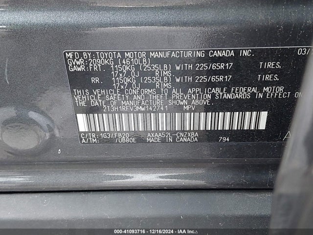 2T3H1RFV3MW142741 Toyota RAV4 LE