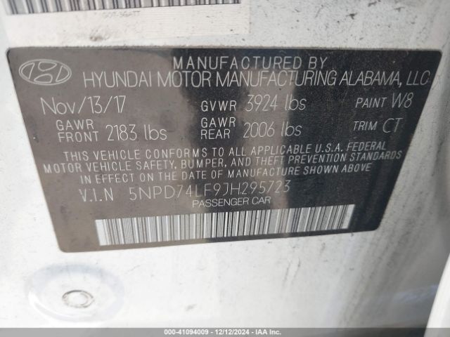 5NPD74LF9JH295723 Hyundai ELANTRA SE