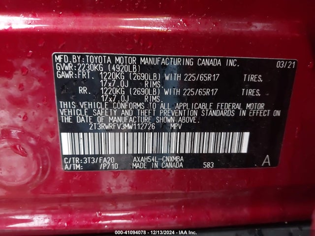 2T3RWRFV3MW112726 Toyota Rav4 Hybrid Xle