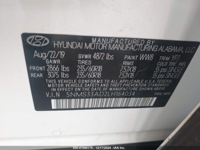 5NMS33AD2LH164034 Hyundai Santa Fe Sel