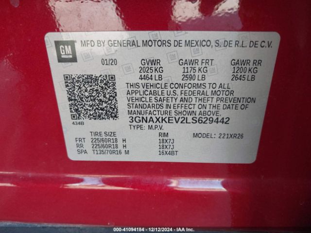 3GNAXKEV2LS629442 Chevrolet Equinox Fwd Lt 1.5l Turbo