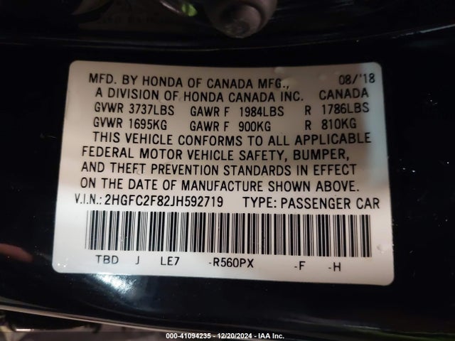 2HGFC2F82JH592719 Honda CIVIC EX