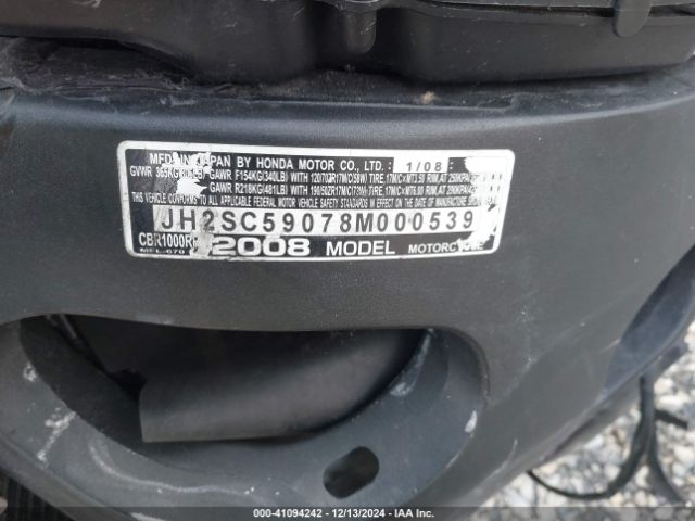 2008 HONDA CBR1000 JH2SC59078M000539 Photo 9
