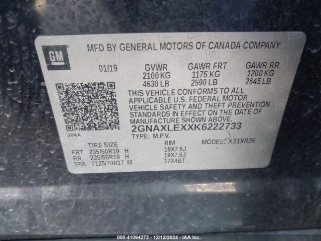 2GNAXLEXXK6222733 Chevrolet EQUINOX LT