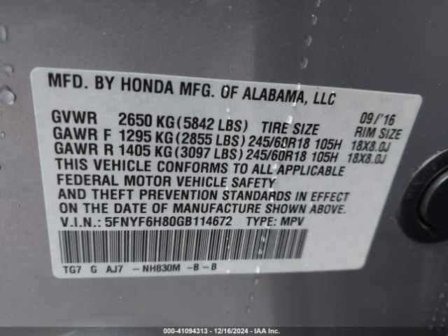 5FNYF6H80GB114672 Honda Pilot Ex-l