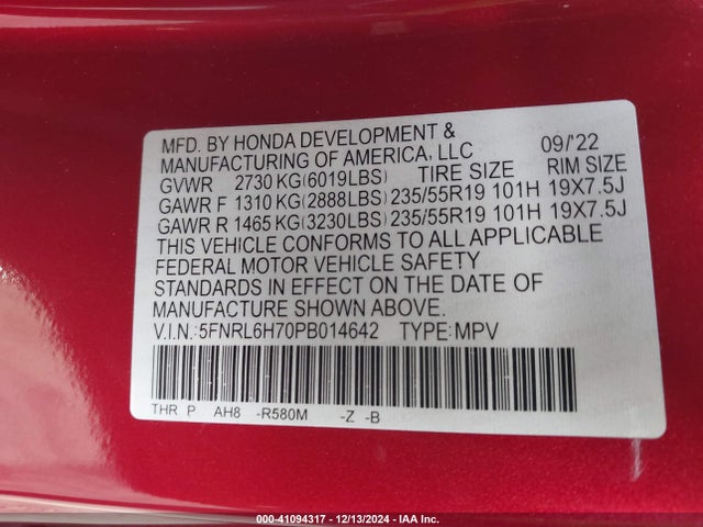 5FNRL6H70PB014642 Honda Odyssey Sport