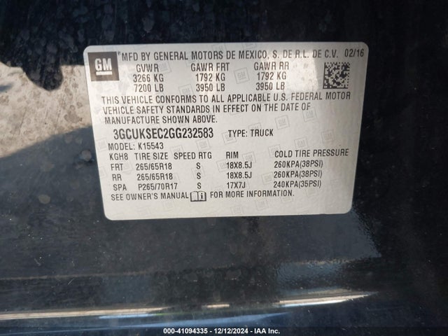 3GCUKSEC2GG232583 Chevrolet Silverado 1500 2lz