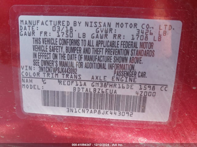 Nissan Versa 1.6 Sv 2018 3N1CN7AP8JK443092 Image 9