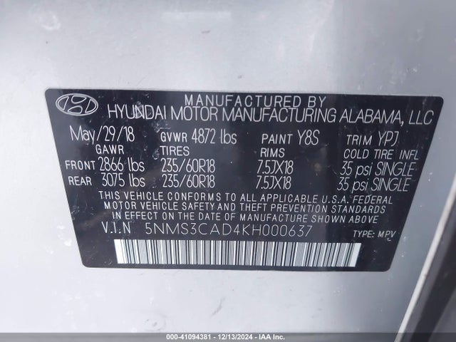 5NMS3CAD4KH000637 Hyundai Santa Fe Sel Plus