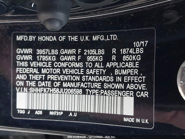Honda CIVIC EX 2018 SHHFK7H58JU206598 Image 9