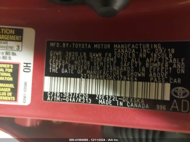 Toyota COROLLA SE 2019 2T1BURHE5KC178464 Image 9