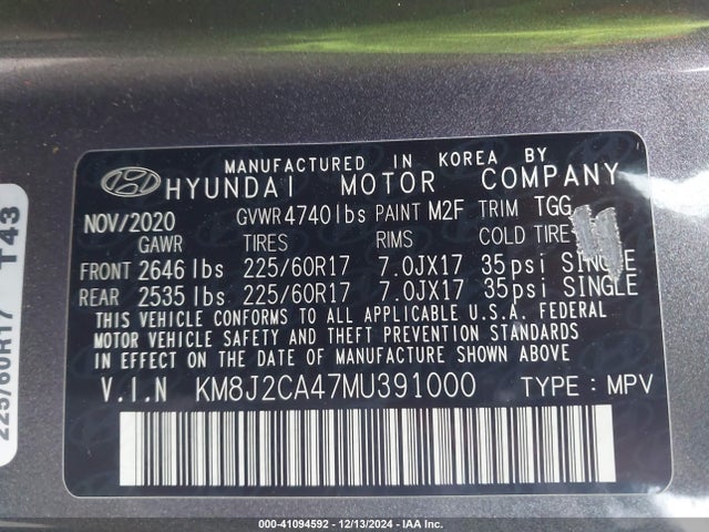 KM8J2CA47MU391000 Hyundai TUCSON SE