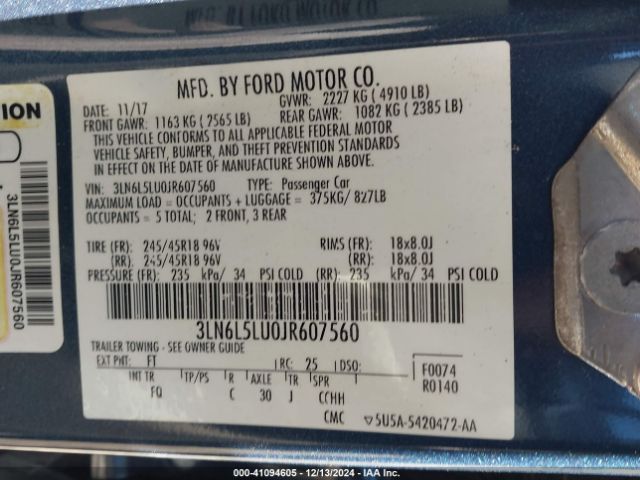 3LN6L5LU0JR607560 Lincoln Mkz Hybrid Select