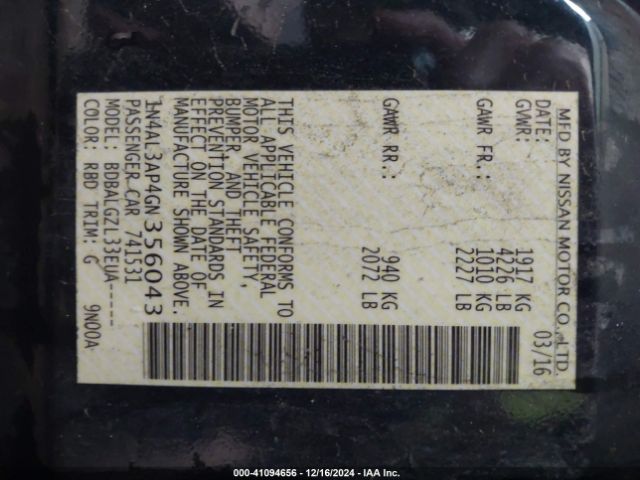 1N4AL3AP4GN356043 Nissan Altima 2.5/2.5 S/2.5 Sl/2.5 Sr/2.5 Sv