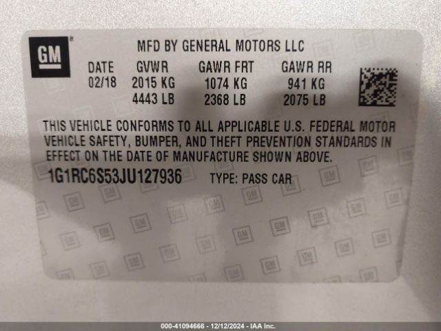 1G1RC6S53JU127936 Chevrolet VOLT LT