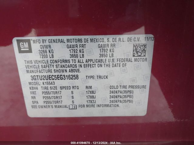 3GTU2UEC5EG316258 GMC Sierra 1500 Sle
