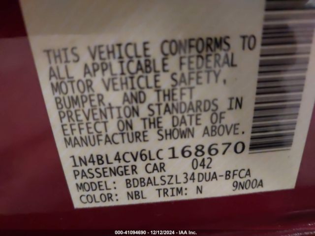 1N4BL4CV6LC168670 Nissan Altima Sr Fwd