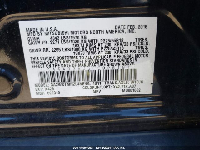 4A4AR3AU5FE026191 Mitsubishi Outlander Sport Es