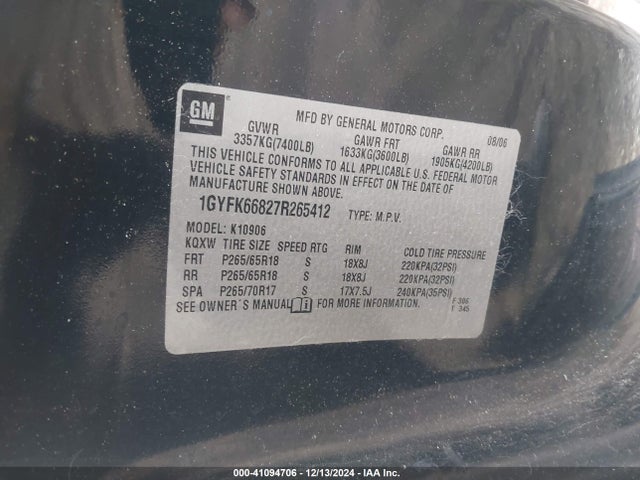 2007 CADILLAC ESCALADE ESV 1GYFK66827R265412 Photo 8