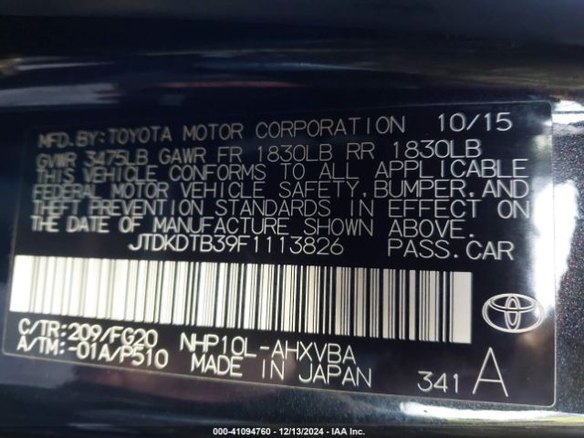 JTDKDTB39F1113826 Toyota Prius C Two