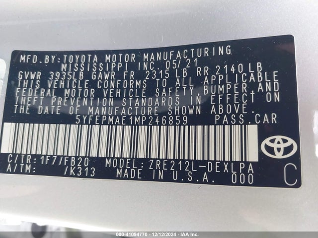 Toyota COROLLA LE 2021 5YFEPMAE1MP246859 Image 9