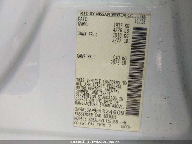 Nissan Altima 2.5 Sr 2017 1N4AL3AP9HN324609 Image 9