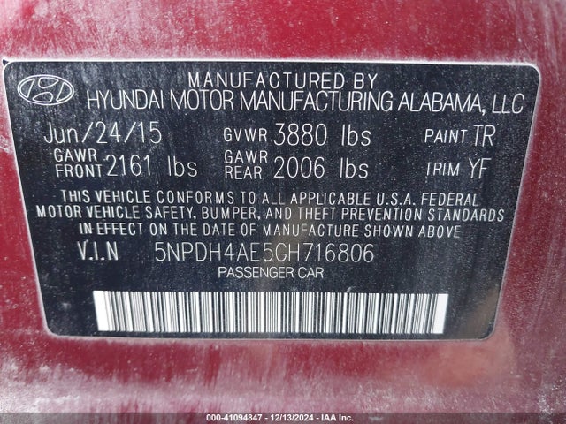 Hyundai ELANTRA SE 2016 5NPDH4AE5GH716806 Image 9