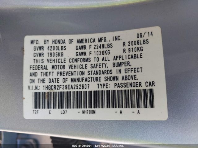 1HGCR2F39EA252607 Honda ACCORD LX