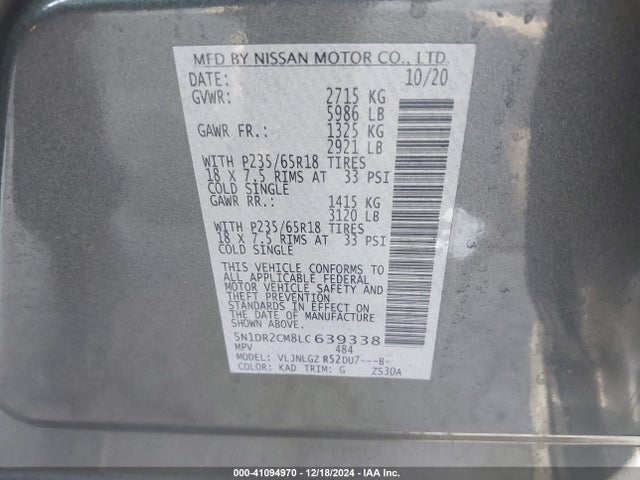Nissan Pathfinder Sl 4wd 2020 5N1DR2CM8LC639338 Image 9