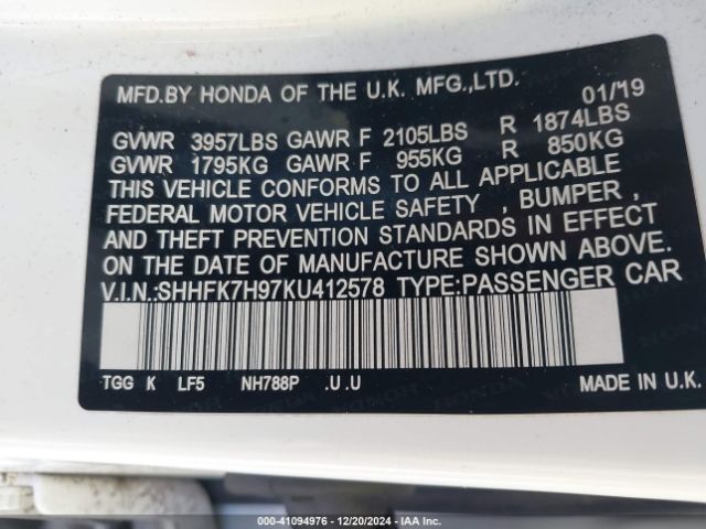 SHHFK7H97KU412578 Honda Civic Sport Touring
